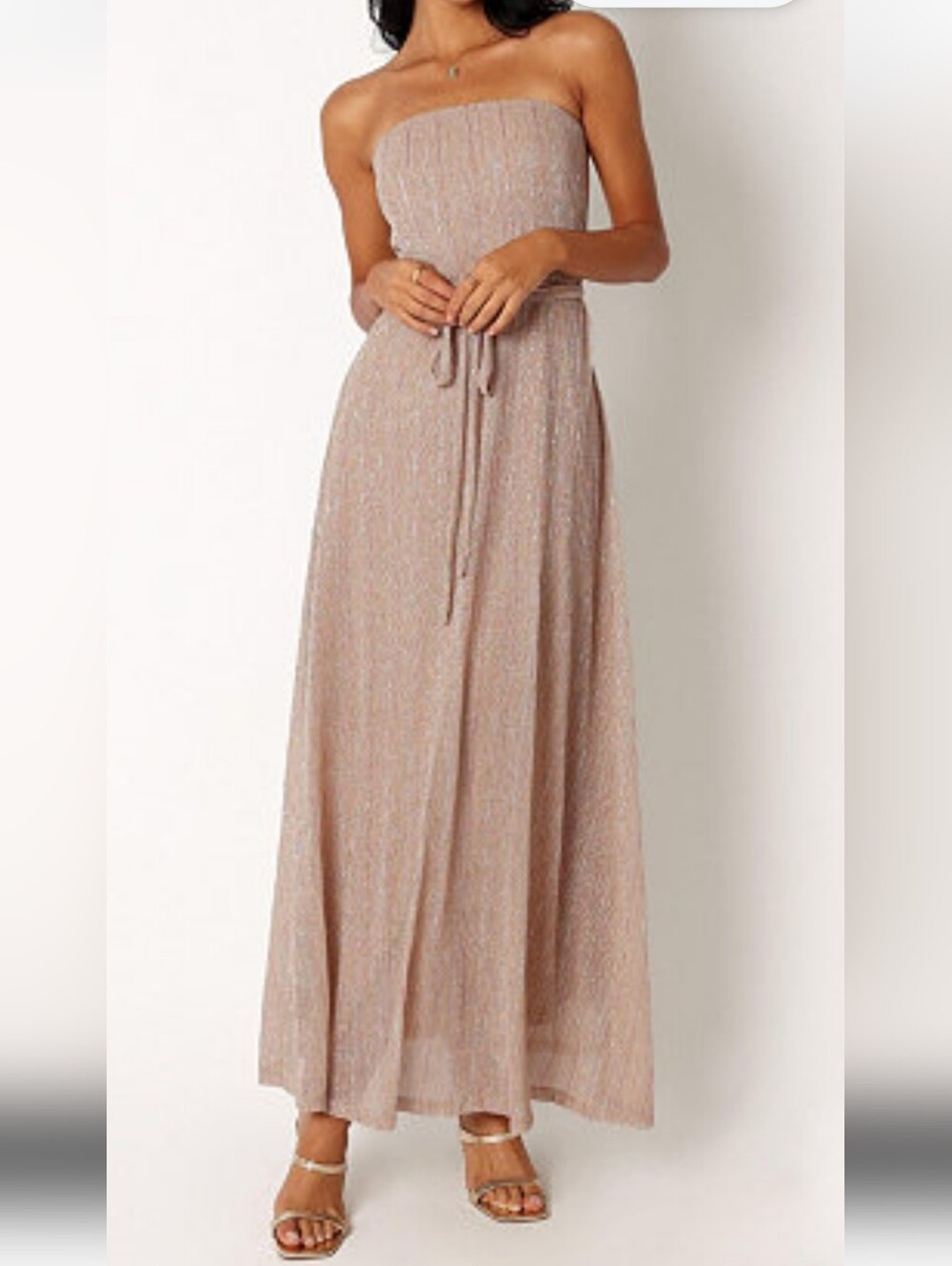 Petal & Pup Strapless Rose Gold Stripe Maxi Dress with Tie Waist Size Small